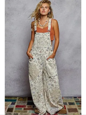 NWT POL Touch of Flowers Crochet Patch Overalls, Cream Floral Patchwork thumbnail 2