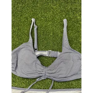 Kona Sol High Waisted Bikini Set Swimsuit Blue White Gingham Plaid Tie Detail M thumbnail 3