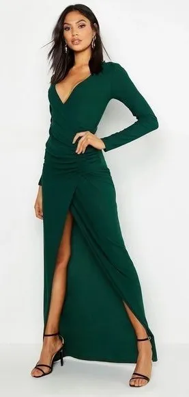 Boohoo Dark Green Long Sleeve High Slit Ruched Side Maxi Dress sz 8 thumbnail 1