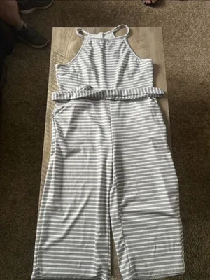 Woman’s Gray & White Striped Halter Jumpsuit thumbnail 1