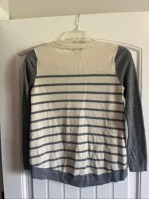 MNG (Mango) Cream & Gray Striped Crewneck Sweater thumbnail 2