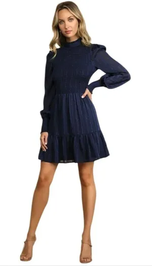 Lulus Womens Navy Blue Smocked Long Sleeve Mini Dress Size XSMALL Romantic Prepp thumbnail 1