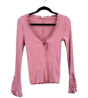 Intimately Free People Fall For You Pink Ruffle Stretch Long Sleeve Shirt Medium thumbnail 1