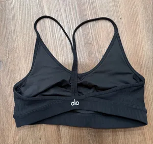 Alo Yoga Womens Ribbed T-Back Sports Bra Black V-Neck Spaghetti Strap Large thumbnail 1