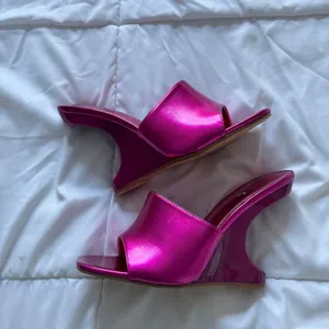 Vintage 90s Madrag Pink Architectural Wedge Sandals Sculpted Heel Mules Fuchsia thumbnail 6