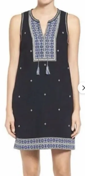 Madewell Suncoast Embroidered Shift Dress Women's Sz 12 Sleeveless Black Tassel thumbnail 1