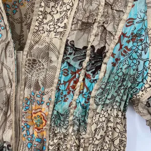 Y2K Piano Patchwork Snap Top Sz M Boho Festival Crinkle Artsy Satin Chiffon Tan thumbnail 6