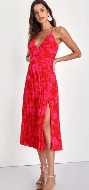 NWT Lulus Vibrant Moment Red and Pink Floral Pleated Midi Dress - Size Medium thumbnail 3