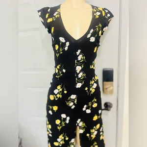 REFORMATION Black Floral Print WELLFLEET V-Neck Cutout Back Midi Dress thumbnail 10