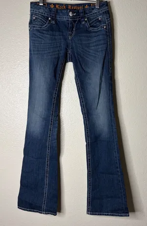 Rock Revival Johanna Bootcut Jeans Dark Wash Fleur De Lis Stitching Womens‎ 25 thumbnail 1