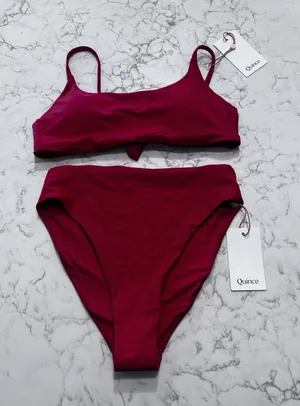 NWT Quince Cherry Red Italian Scoop Neck Bikini Top & High Rise High Leg Bottom thumbnail 1