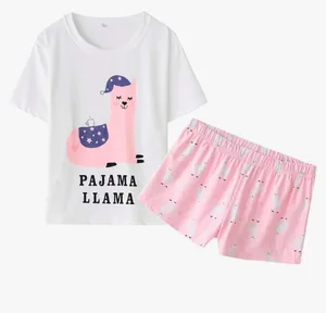 Women Short Sleeve Tee & Shorts Pajama Set Cute Alpaca Llama Sleepwear Small thumbnail 1