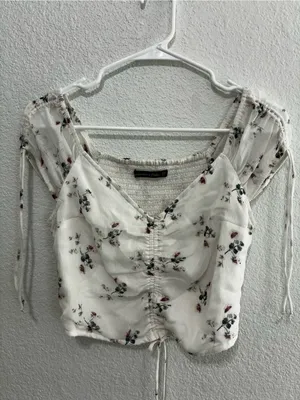 Abercrombie & Fitch White Floral Ruched Tie-Front Crop Top thumbnail 2