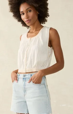Faherty Isla embroidered organic cotton button-up tank top cream sz XL thumbnail 1