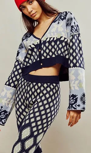 Free People Snow Bunny Knit SET Cardigan & Leggings XS Blue Lounge Nordic Indie thumbnail 2