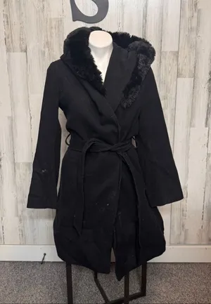 H&M Black Trench Coat Small | Faux Fur Collar Hooded Belted Winter Coat thumbnail 1