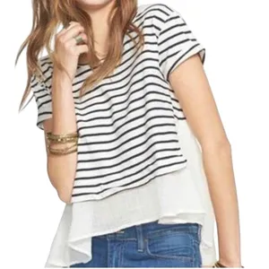 FREE PEOPLE French Kiss Black White Striped High Low Blouse‎ S/S Size XS thumbnail 1
