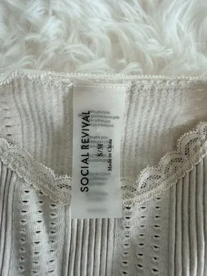 Social Revival Pointelle Ribbed Long Sleeve Cropped Top with Lace Trim, Size S/M thumbnail 2