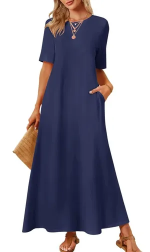 Boutique Merokeety Womens Navy Blue Short Sleeve T-Shirt Maxi Dress with Pockets XXL thumbnail 1