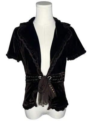 Y2K Vintage Chocolate Brown Velvet Ruffle Collar Tie Front Fairy Grunge Top thumbnail 1