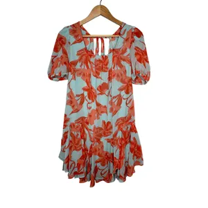 Olivaceous Floral Whimsical Boho Puff Sleeve Mini Dress Orange Blue Size Medium thumbnail 2