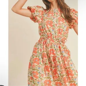 NWT &Merci Cream‎ Orange Floral Puff Sleeve Back Cut Out Lindsay SunDress thumbnail 5