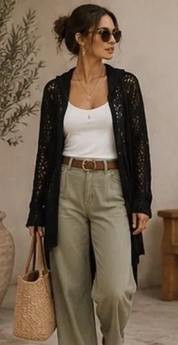 Pamela Black Crochet Lace Hooded Open Front Cardigan Geometric Knit OS thumbnail 1