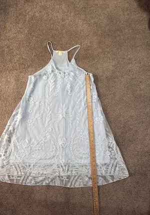 Miami| Sky blue baby doll dress w/ lace overlay. Spaghetti straps w/ razorback thumbnail 12