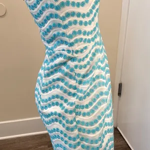 Lilly Pulitzer Leavens Top Notch Strapless Dress‎ Blue White Floral Embroidery 4 thumbnail 5