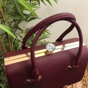 Burgundy Maroon red Hard shell leather hand bag purse satchel gold hardware faux diamond kiss lock Approx 11” wide x 8” tall x 6” deep thumbnail 2
