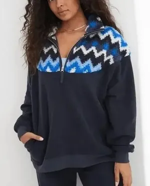 Aerie Hometown Holiday 1/4 Zip Fleece Pullover Jacket Sweatshirt Blue XL thumbnail 1