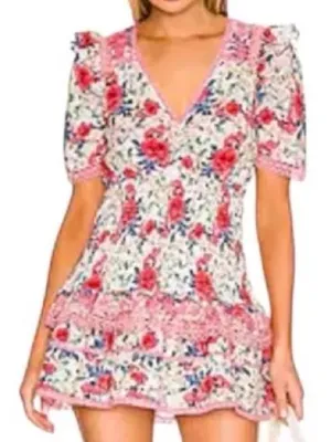 LoveShackFancy Rena Mini Dress Women Medium Red Pink Floral Lace Excellent thumbnail 1