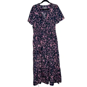 Anthropologie Maxi Dress Women XL Navy Pink Smocked Tiered Cotton Excellent thumbnail 2