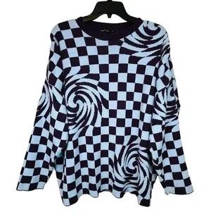 I‎ Saw It First Checkerboard Swirl Sweater Womens Medium Purple Blue Oversized thumbnail 1