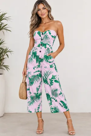 ASOS DESIGN bandeau button front jumpsuit with pockets in tropical print Sz 2 thumbnail 2