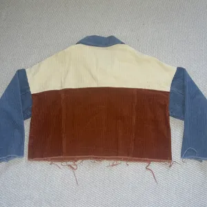 Fashion On Earth Womens Corduroy Blue Cream Brown Colorblock Cut Off Jean Jacket thumbnail 2