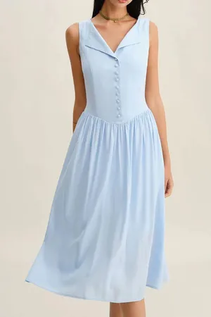 Rihoas Blue V Neck Button Sleeveless Midi Dress thumbnail 1