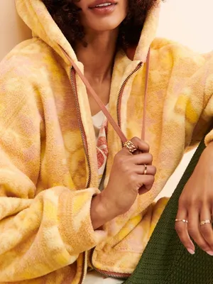Free People Hooded Sherpa Jacket in Rust and Cream with Yellow Accents thumbnail 3