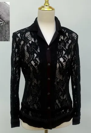 Whimsigoth Lace Button Down Shirt Sm Black Sheer Floral Sleeve Vampy Dark Witchy thumbnail 1