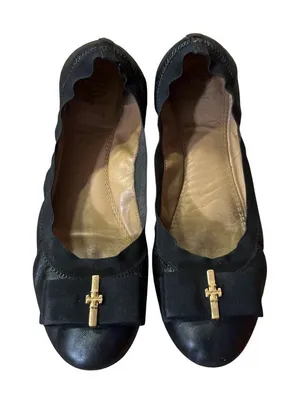 Tory Burch Black Leather Ballet Flats Gold Logo Women's Size 8.5 Used and Box thumbnail 1