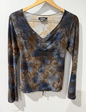 Y2K 90s Women's Top Fairycore Swirl Stretch Blue Grung Fashion Bug Tie Back Sz L thumbnail 1