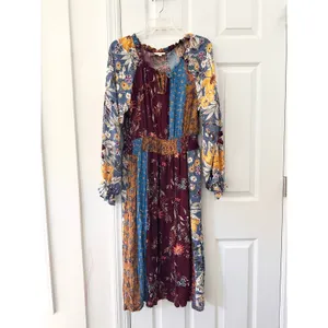 Oddi ODDY Bohemian Patchwork Mixed Print Midi Dress Bishop Sleeve Floral Large thumbnail 2
