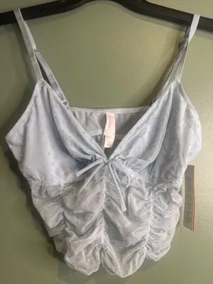 Colsie Blue Swiss Dot Mesh Ruched Crop Cami Top NWT Medium Coquette Cottage thumbnail 1