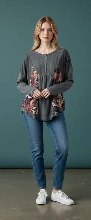 UMGEE USA Gray Waffle Knit Floral Patchwork Button Front‎ Tunic Top XL thumbnail 1