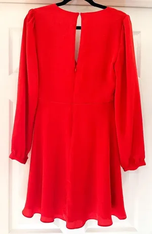 Express Satin Long Sleeve Surplice Fit and Flare Blouson mini Dress Red sz Small thumbnail 6