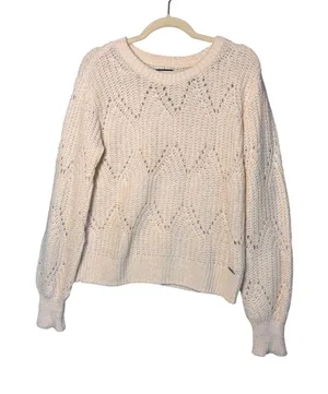 Abercrombie & Fitch Womens Sweater L Cream Pointelle Knit Wool Alpaca Boho Cozy thumbnail 1