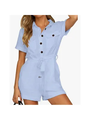 NEW 100% Cotton Pockets Romper Button Short Sleeve L NO BELT Light blue 100% Co thumbnail 5