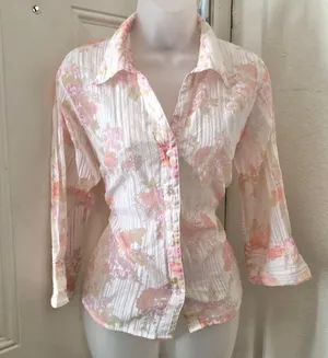 Fairy ethereal White pink floral boho button up down shirt blouse. Measurement in pics thumbnail 1