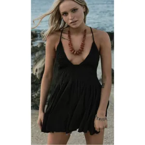Free People Forever Favorite Black Smocked Babydoll Mini Dress Boho Coverup thumbnail 5