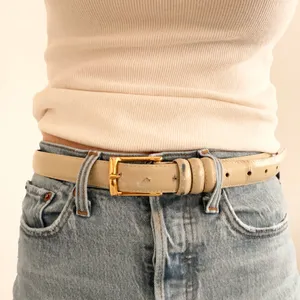 Vintage Beige Leather Belt with Gold Buckle thumbnail 2
